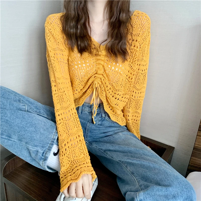 Crochet Knit Top Drawstring Lace-up Hollow Shirt Long Sleeved V-neck Crop Top Solid Hotsweet Women Korean Reviews Many Clothes