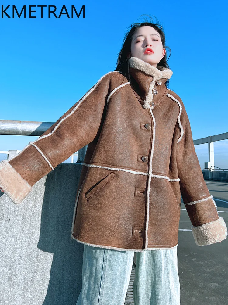Damska kurtka z prawdziwej wełny owczej, dwustronna, w stylu vintage, brązowa, motocyklowa, zimowa odzież damska 2025 шуба женская