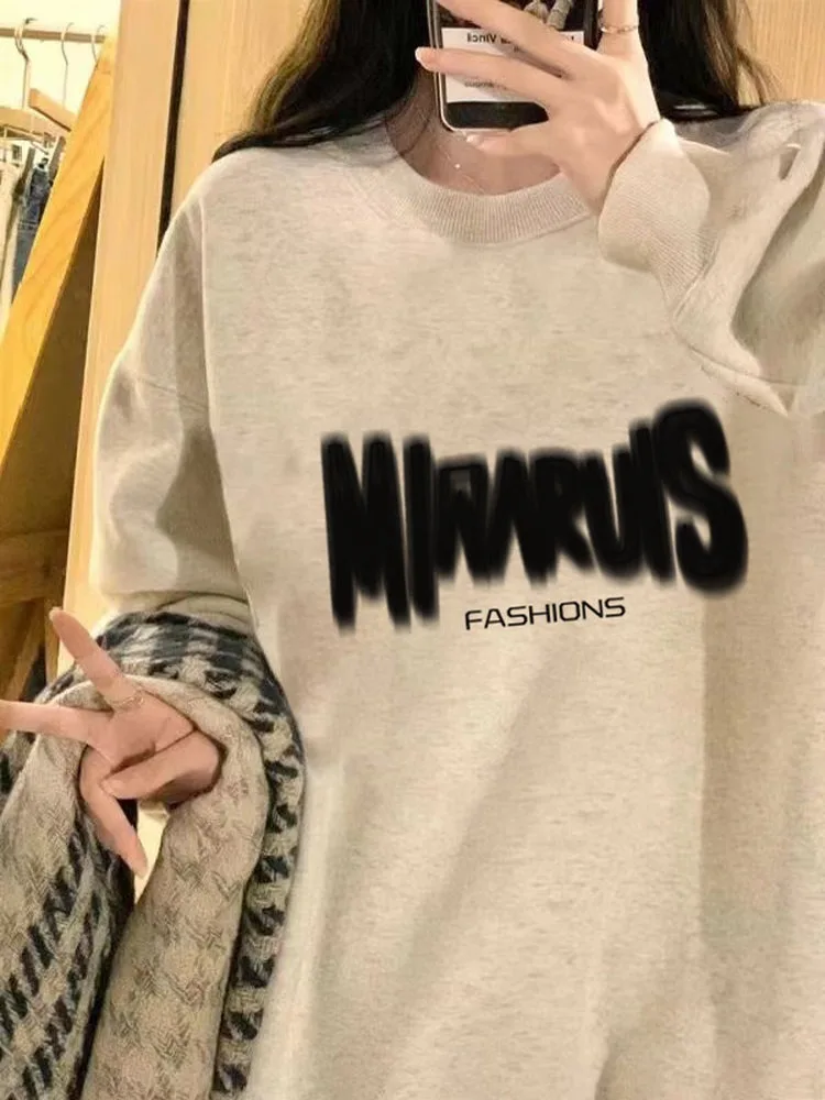 American Letter Print Plush Sweatshirt Women Autumn Winter 2025 New Oversize O-Neck Pullover Hoodie Y2K Tops Ladies clothing