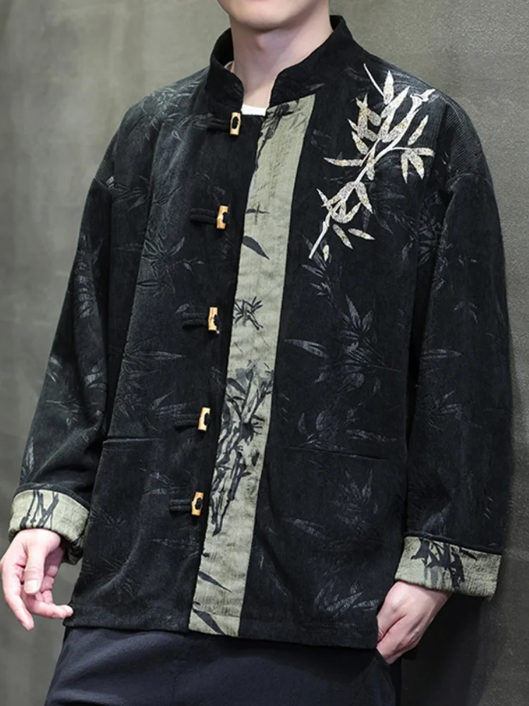 

Мужская вельветовая куртка на весну-осень с вышивкой, на пуговицах, в современном китайском стиле Тан, повседневная верхняя одежда Ханьфу с длинными рукавами