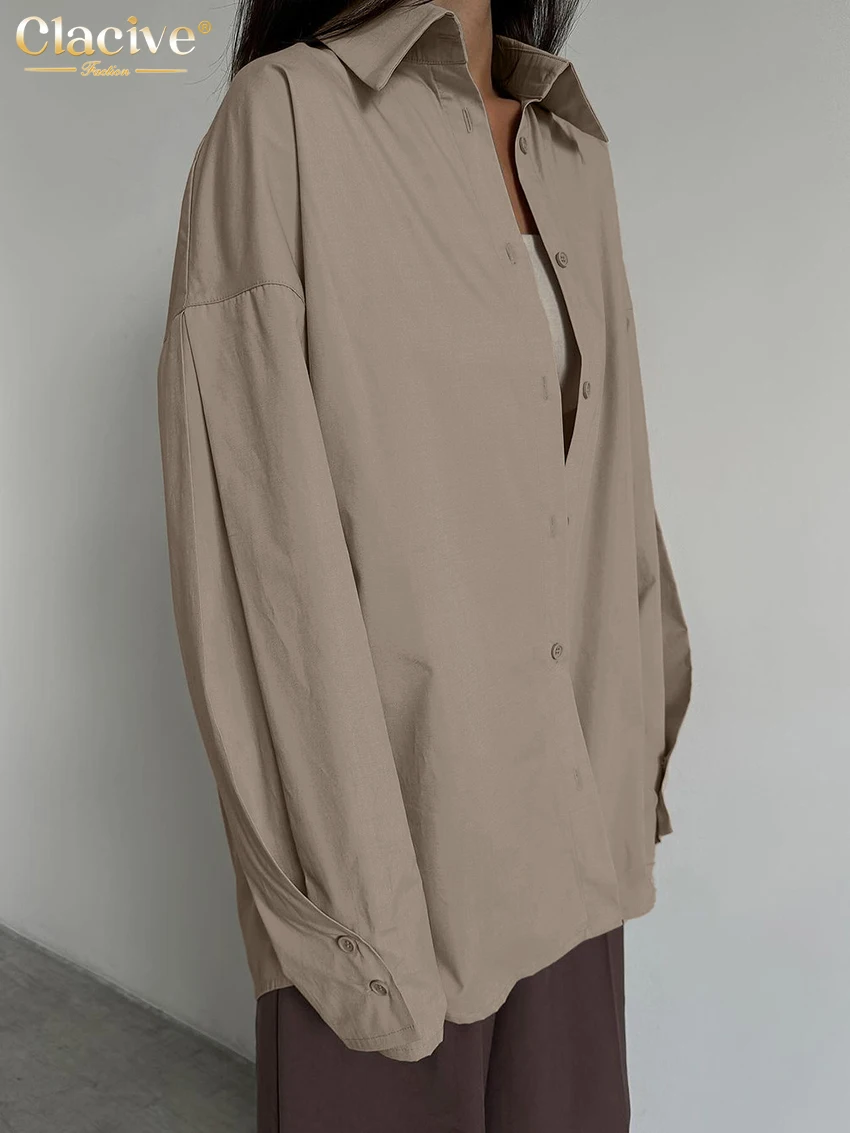 Clacive Fashion Loose Khaki Women's Blouse 2025 Casual Lapel Long Sleeve Shirt Elegant Classic Solid Top Female Clothing
