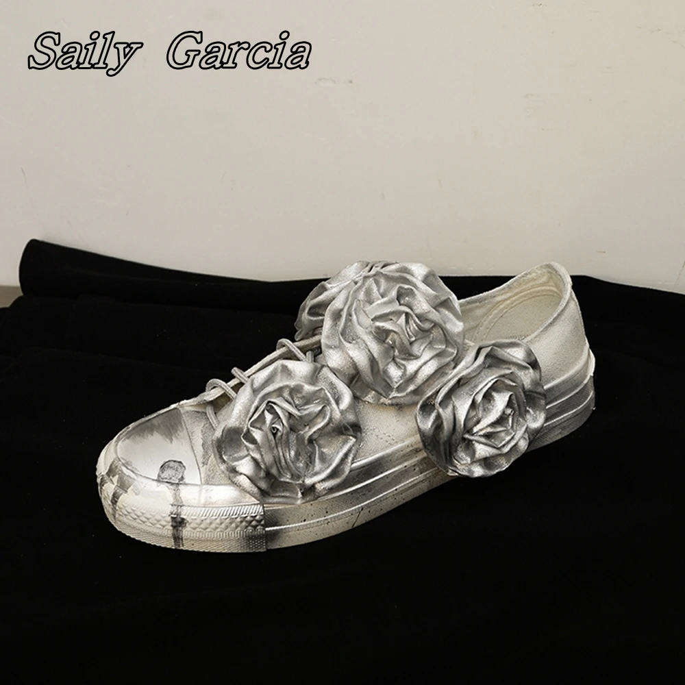 Silver Paint Handmade Rose Flat Vulcanized Shoes Niche Design futuristic Sense Casual Shoes Round Toe Large Size Women/Men Shoes