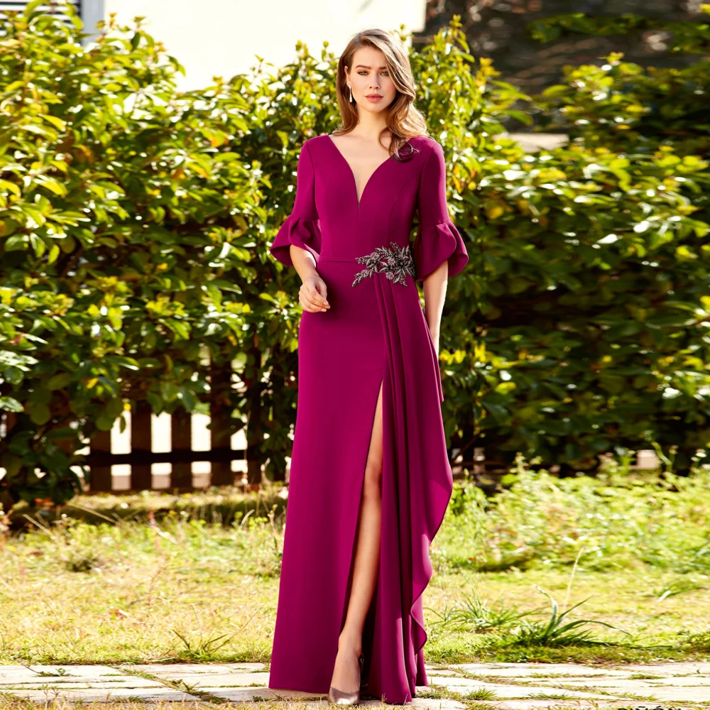 Elegante Mãe da Noiva Vestidos V Neck Alargamento Mangas Vestidos de Festa de Casamento Apliques Até O Chão Frente Slit فساتين السهرة