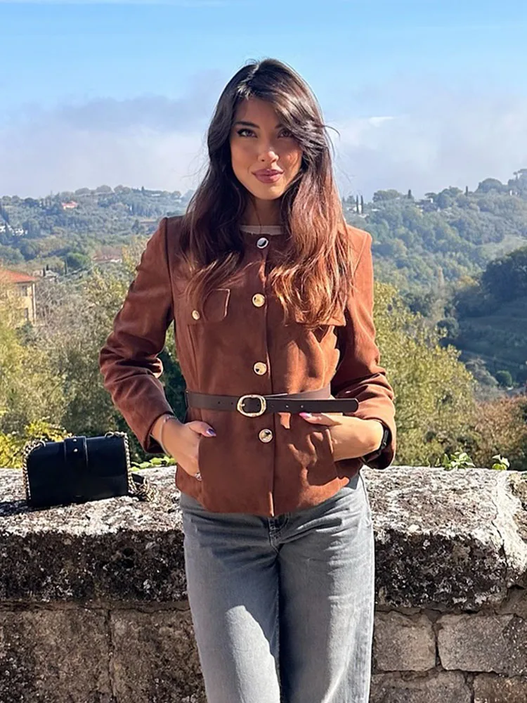 HH mujer cinturón de bolsillo falso de un solo pecho decorar chaquetas de calle otoño mujer moda cuello redondo manga larga abrigo corto 3 colores