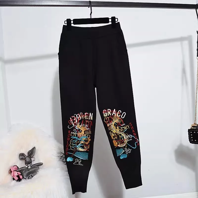 Black Letter Embroidery Knitted Tracksuits Women Outfits Loose Long Sleeve Pullover Sweater Pencil Pants Two Piece Set Female