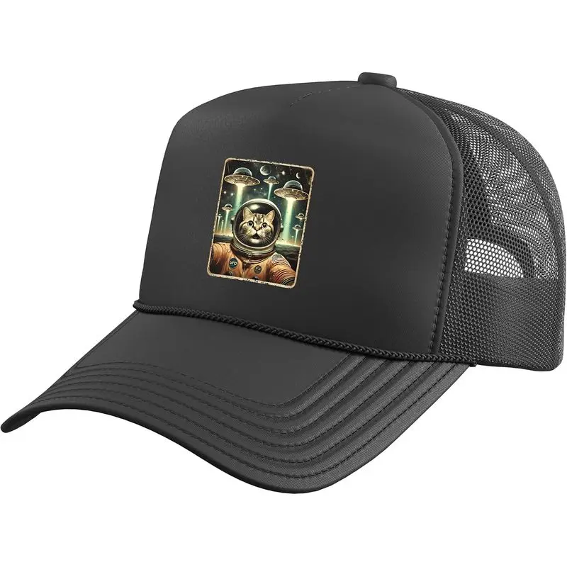 Space Cat Astronaut Funny UFO Sci-fi Alien Selfie Trucker Hat with Adjustable Mesh Back