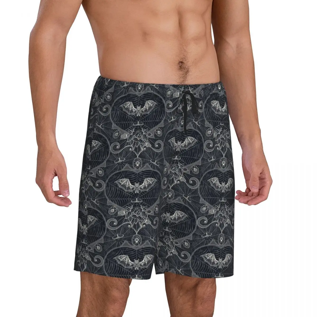 Custom Printed Gothic Halloween Spider Web Lace Pajama Shorts Men's Bats Sleepwear Bottoms Sleep Short Pjs with Pockets