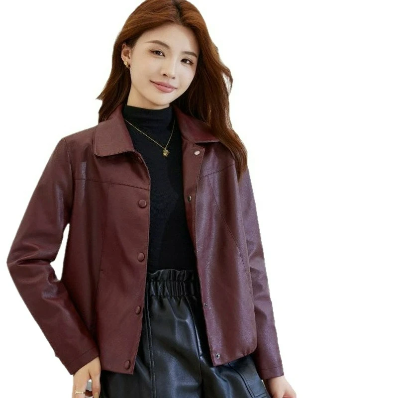 2026 Spring Autumn New Single-breasted Leather Jacket Single-lining Leather Women Slimming Motorcycle Women Short Leather Coat
