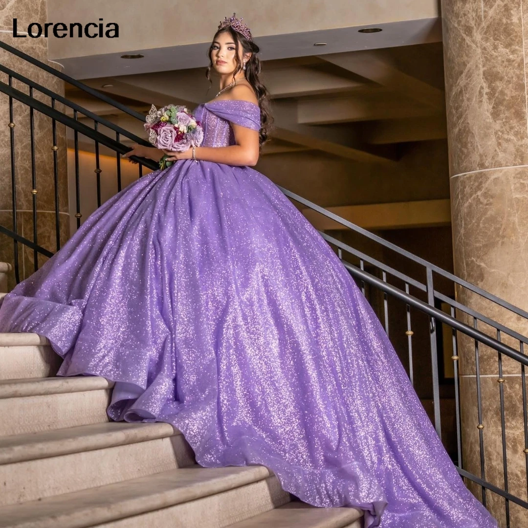 

Lorencia Mexico Purple Quinceanera Dress Ball Gown Shiny Lace Applique Beaded Crystal Corset Sweet 16 Vestidos De 15 Años YQD865