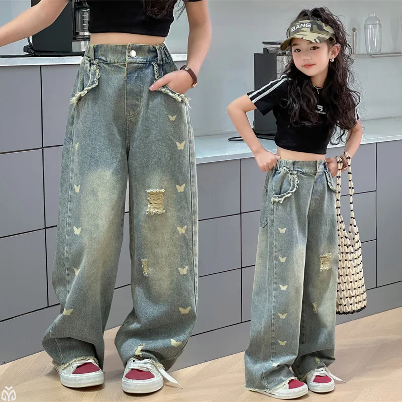 

Autumn casual teen girl butterfly hole jeans Korean junior kid ripped Wide leg pants 4 6 8 10 12 14 child Denim trousers clothes