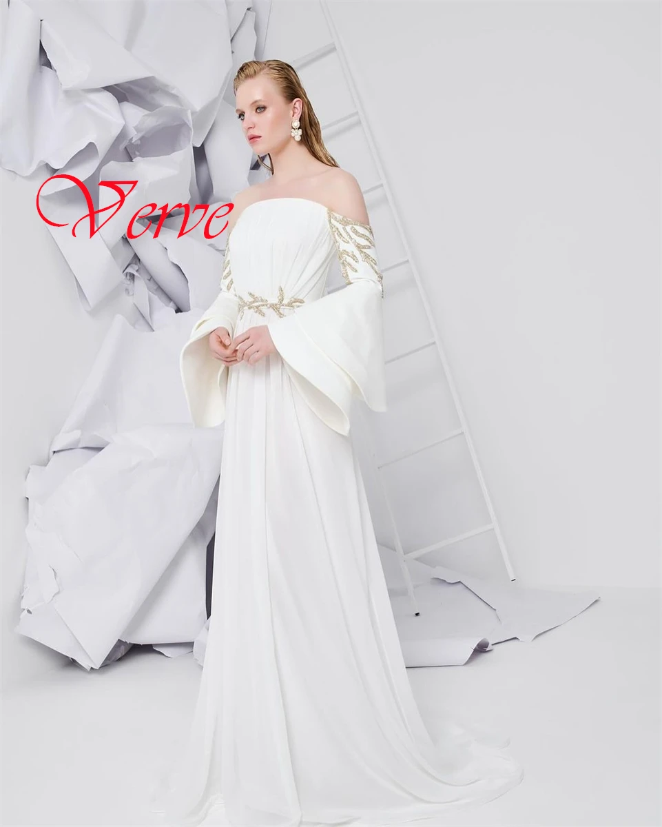 Customized Exquisite White Jersey Evening Dress Classic Strapless Off the Shoulder Long Sleeves Zipper Back Homecoming Dress