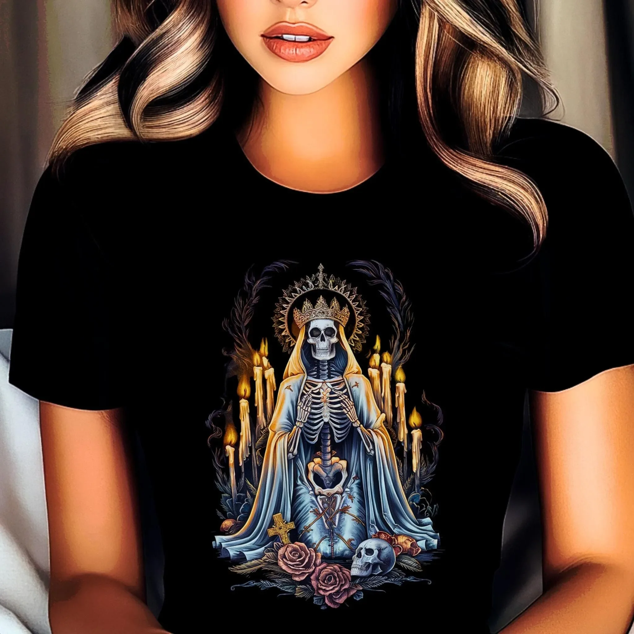 Santa Muerte T Shirt Heavy Cotton Holy Death Dark and Mystical Symbol of Strength Day The Dead