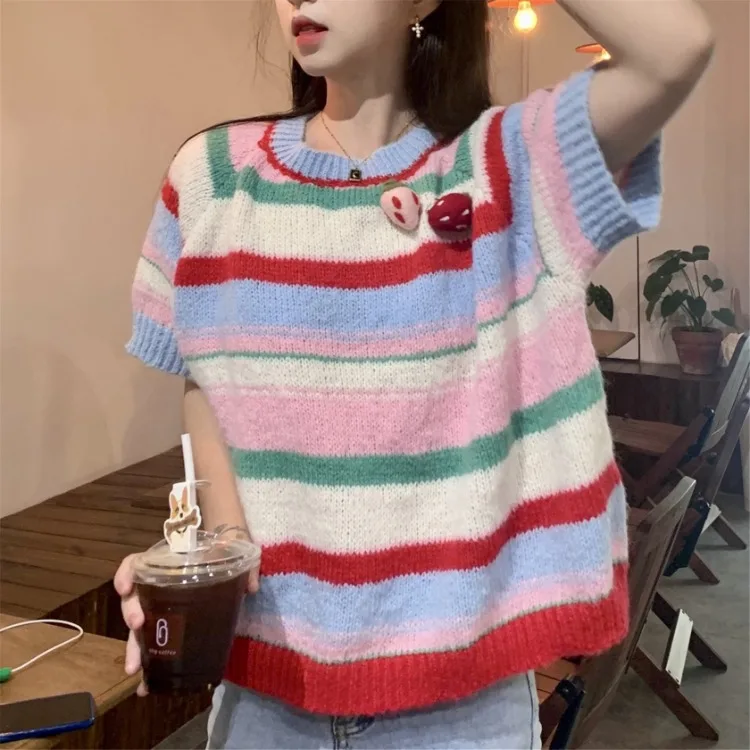 Multicolor Striped O-neck Knitted Tops Women 2024 Spring New Bottoming Pullovers Y2k E-Girl Short Sleeve Loose Sweaters