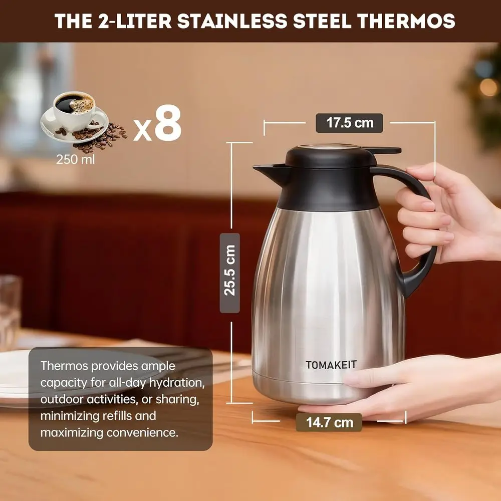 2L Stainless Steel Vacuum Insulated Flask, Double-Walled, 24-Hour Temperature Retention, Leak-Proof, Ideal for Travel, Camping,