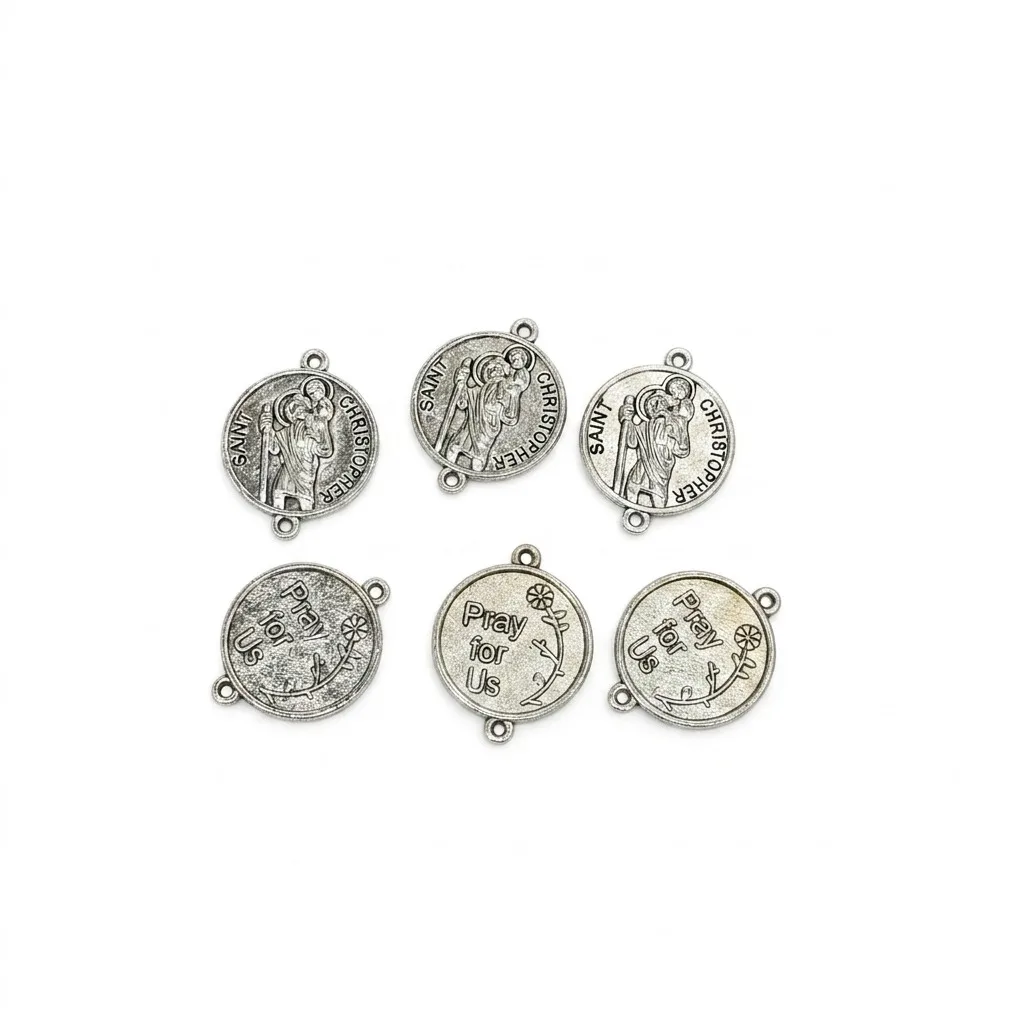 10Pcs Double Two Loop Saint Christopher Round Medal Charms Matte Silver Dual Sided Travel Rosary Bracelet Connectors