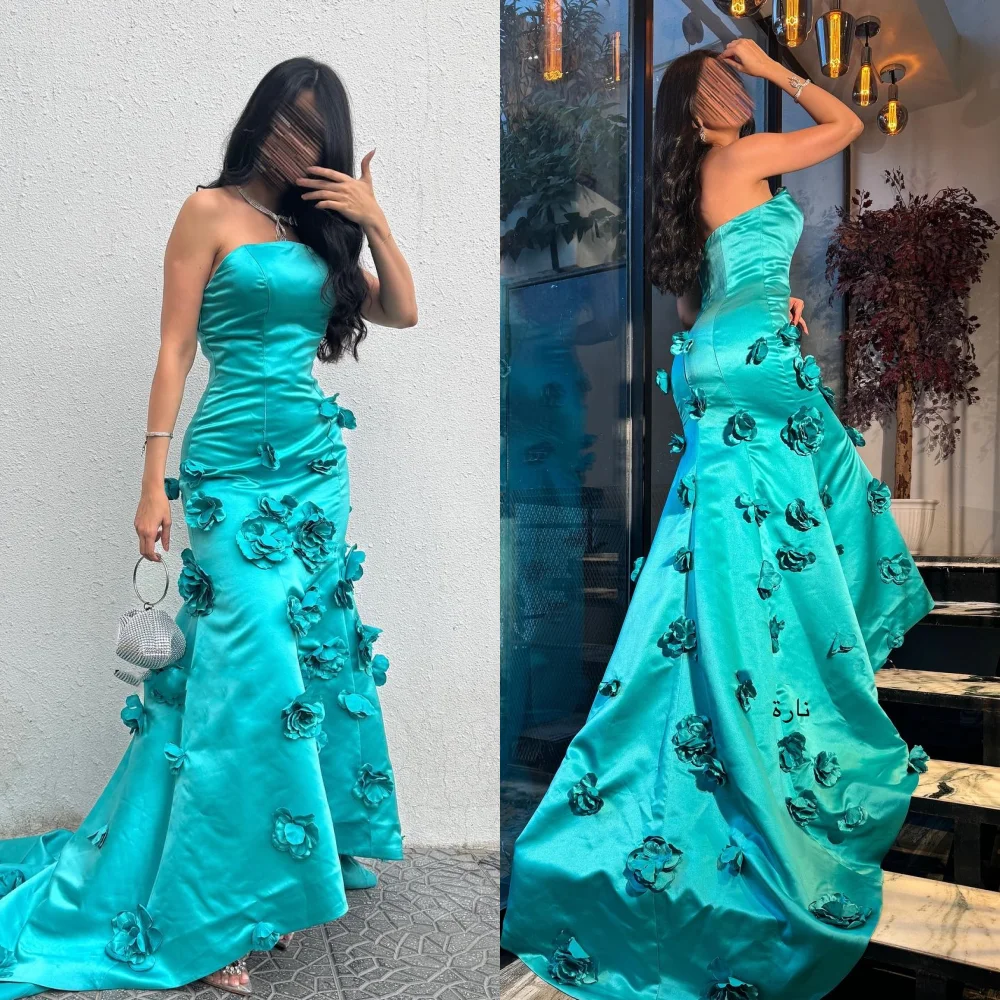 

Jiayigong Satin Flower Draped Pleat Clubbing A-line Strapless Bespoke Occasion Gown Long Dresses Saudi Arabia