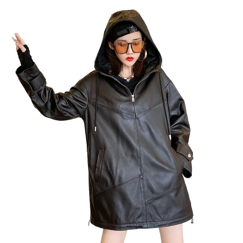 

Куртка из натуральной кожи, женские куртки из натуральной овчины, женское кожаное пальто с капюшоном, повседневное черное свободное пальто, байкерская одежда