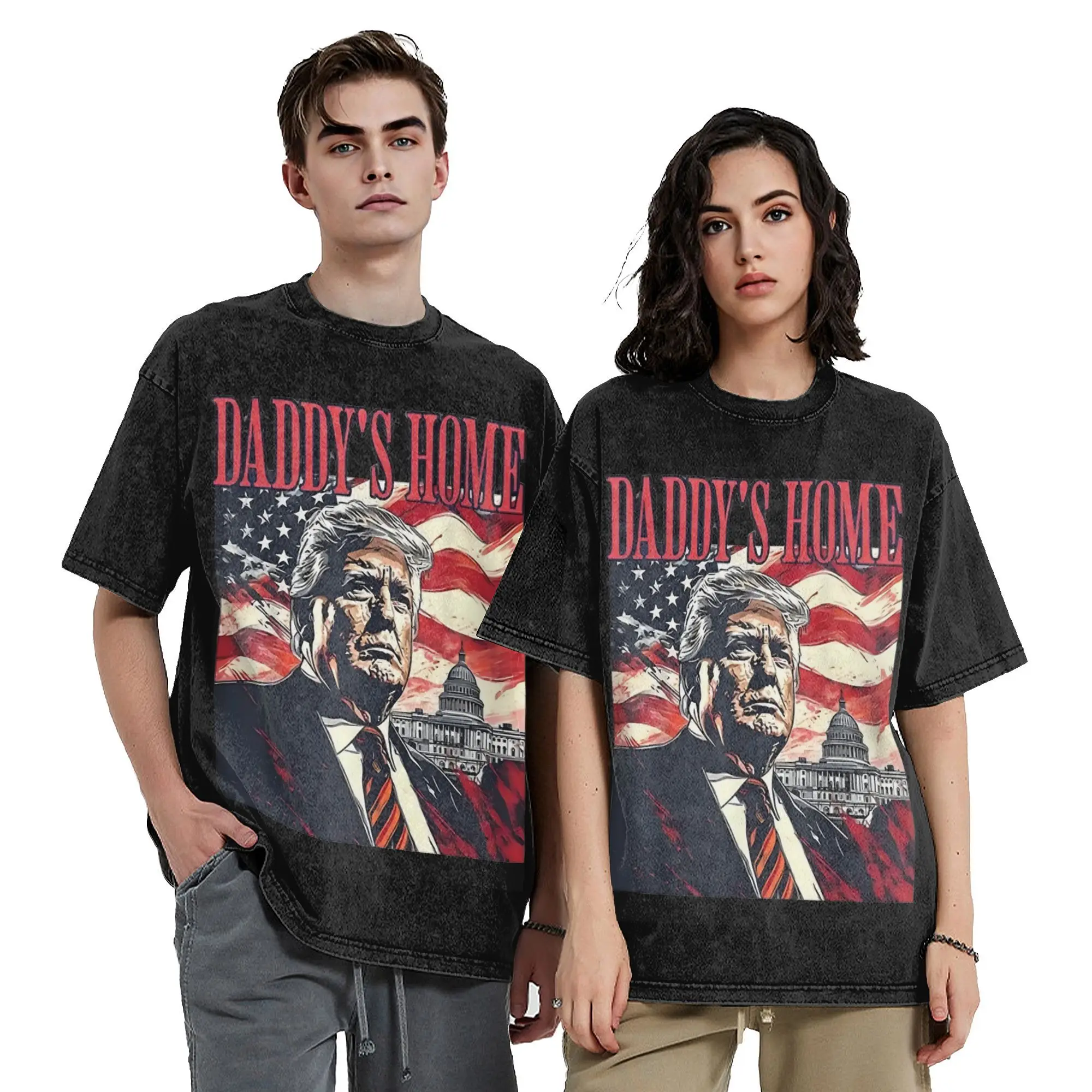 Casa do papai trump 2024 vintage lavado camisetas para homens mulheres 100% algodão roupas vintage o-pescoço manga curta