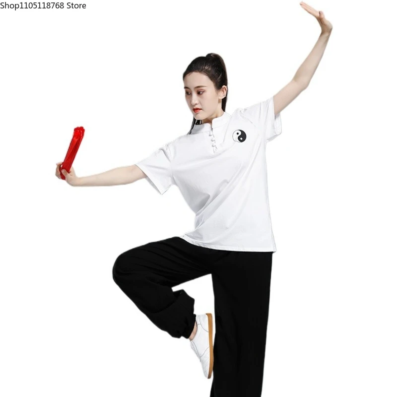 Tai Chi T-short Short Sleeved Summer Men's and Women's Tai Chi T-shirt Solid Color Cotton Team Competition