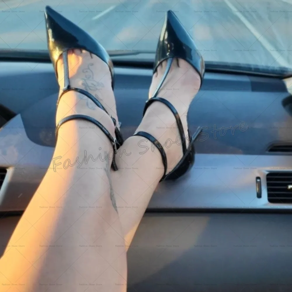 

Black Pointed Toe T-strap Pumps Patent leather Women Shoes Stilettos High Heels Party Banquet Dating 2025 Zapatos Para Mujere