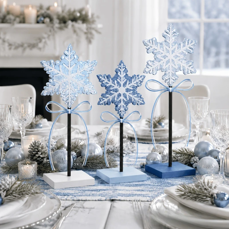 New Christmas Snowflake Wooden Stand Tabletop Decor – Festive Winter Snowflake Ornament Display