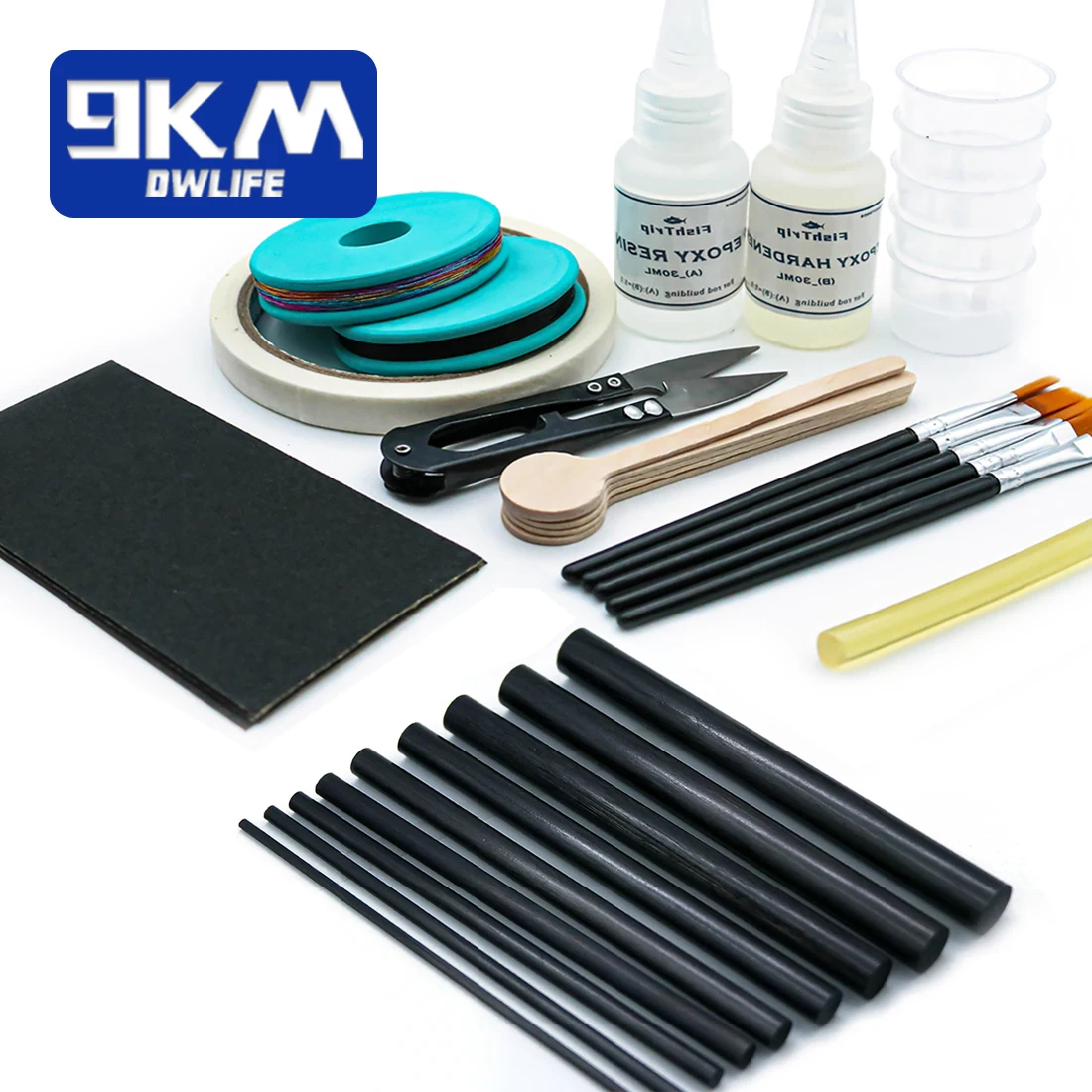 Fishing Rod Repair Kit Complete with Epoxy,10pcs Carbon Fiber Sticks Pole Building Kit, AB Glue, Wrapping Thread for Saltwater