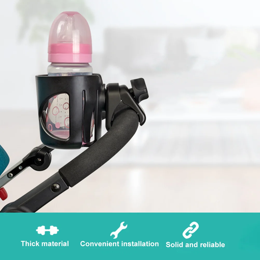 حامل أكواب لعربة الأطفال قابل للتعديل، دوران 360 درجة، سهل التركيب والإزالة، حامل أكواب لعربة الأطفال من بلاستيك ABS المتين باللون الأسود