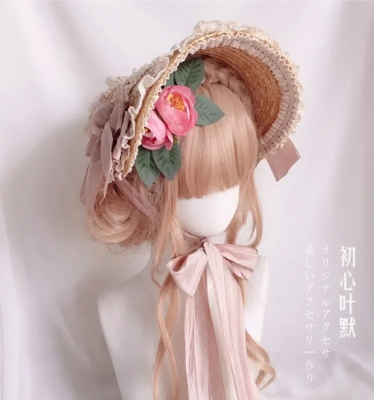 Lolita Girl\'s Elegant Lace Flowers Straw Hat Multi Colored Bonnet Flat Hat