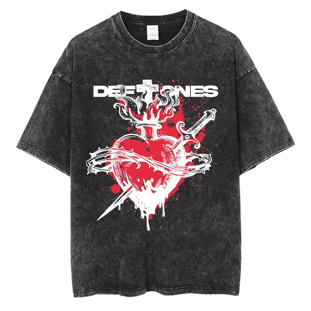 Washed Vintage Rock Band Deftones Cat Graphic T-shirts Men Alternative Heavy Metal Short Sleeve T Shirts Male Retro Streetwear