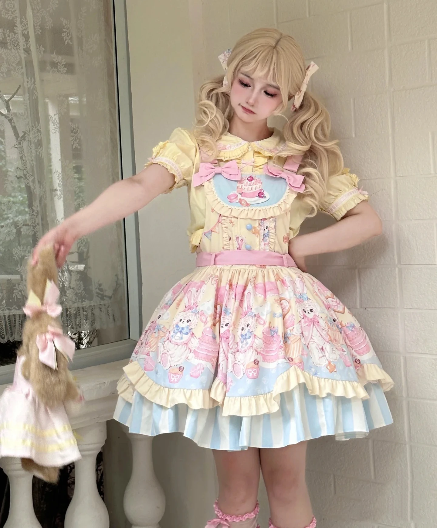 Bunny Birthday Party Lolita Sweet Blue Pink Yellow Candy-Colored Cream Cake  Cute Daily Suspender Dress Plus-Size Women's - AliExpress 200000345