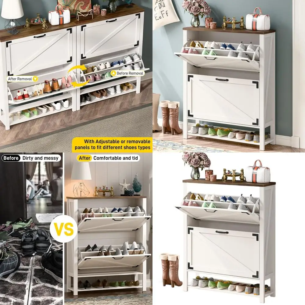 

Белый напольный шкаф для обуви в деревенском стиле с 5 ярусами и откидными ящиками для хранения в прихожей