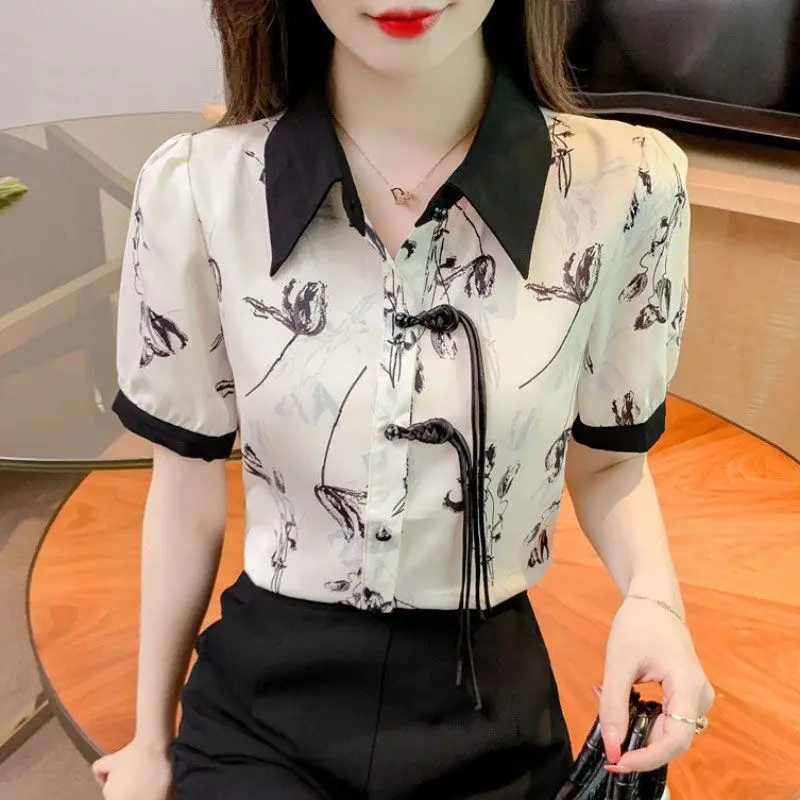 Women Summer Chinese Style Printing Fashion Printing Turn-down Collar Short Sleeve Chiffon Shirts Ladies Casual All-match Tops