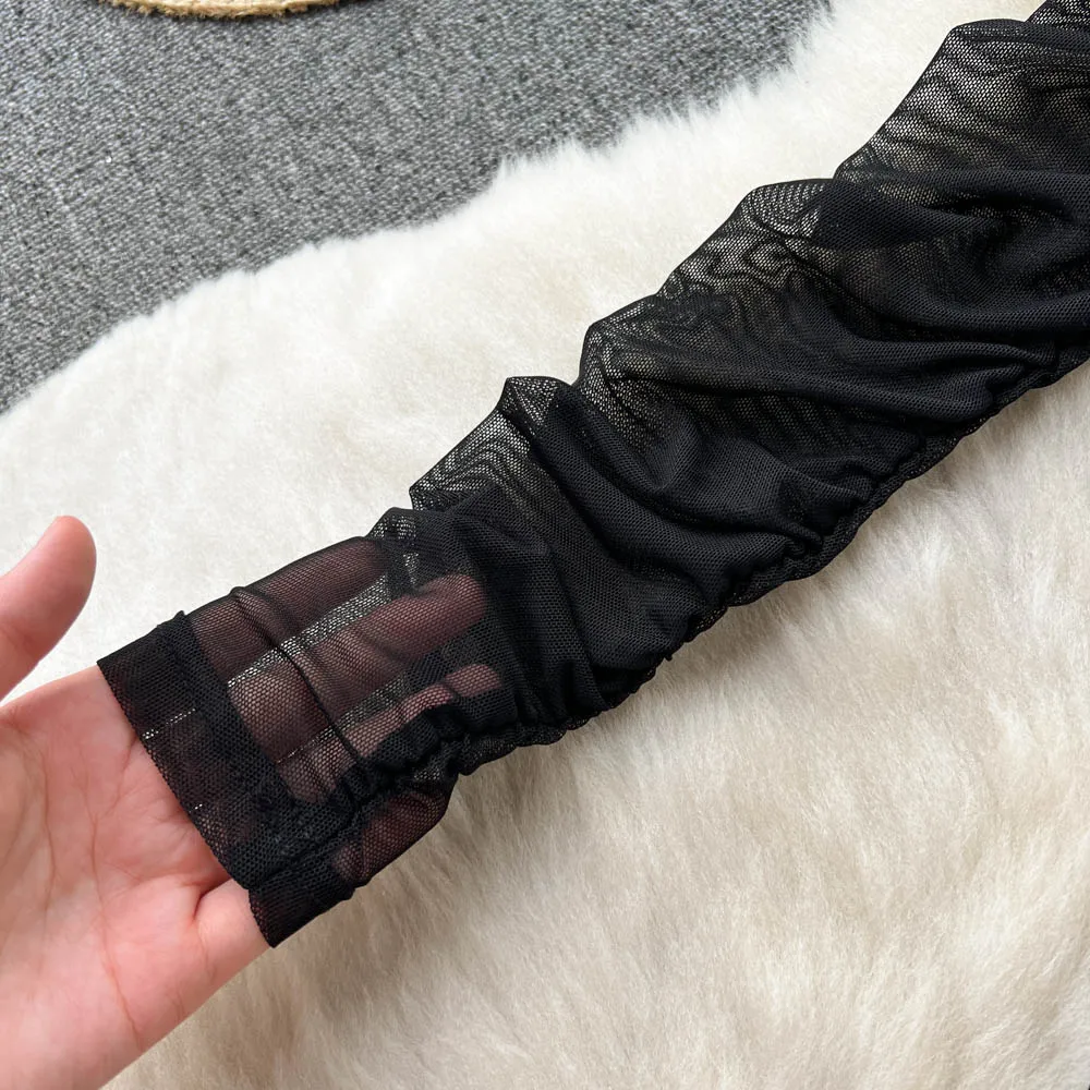 Sexy Gauze Folds Solid Bodysuit Fashion Long Sleeve O-neck One Piece Basic Hotsweet Women Gothic Slim Streetwear Jumpsuit Ins