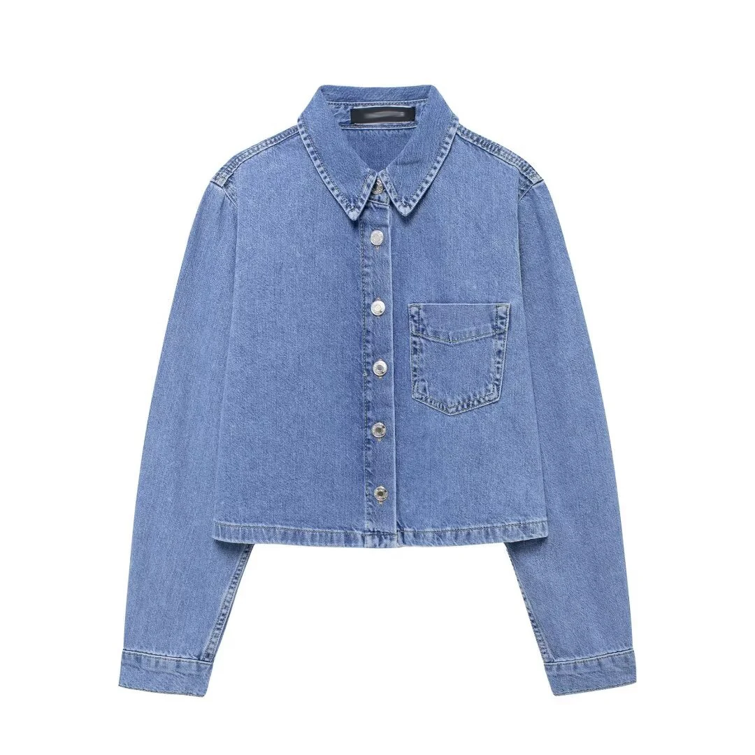 TRAF 2024 Blue Denim Shirts for Women Cropped Jeans Women\'s Shirts Collar Button up Shirt Woman Long Sleeve Shirts and Blouses