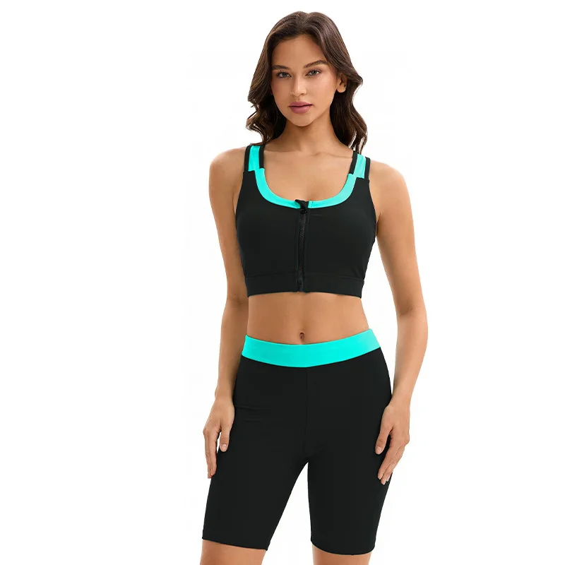 2026 Women Two Piece Racing Swimsuit High Waist Conservative Swim Shorts Set Front Zip Sports Bra Bathing Suit Beach Swimwear