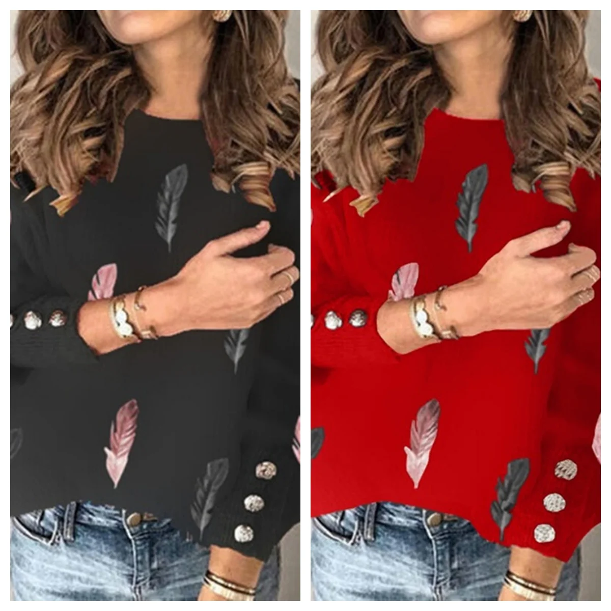 

European And American Feather Print Round Neck Long Sleeve Sweater Sweater Top For Women's Wear