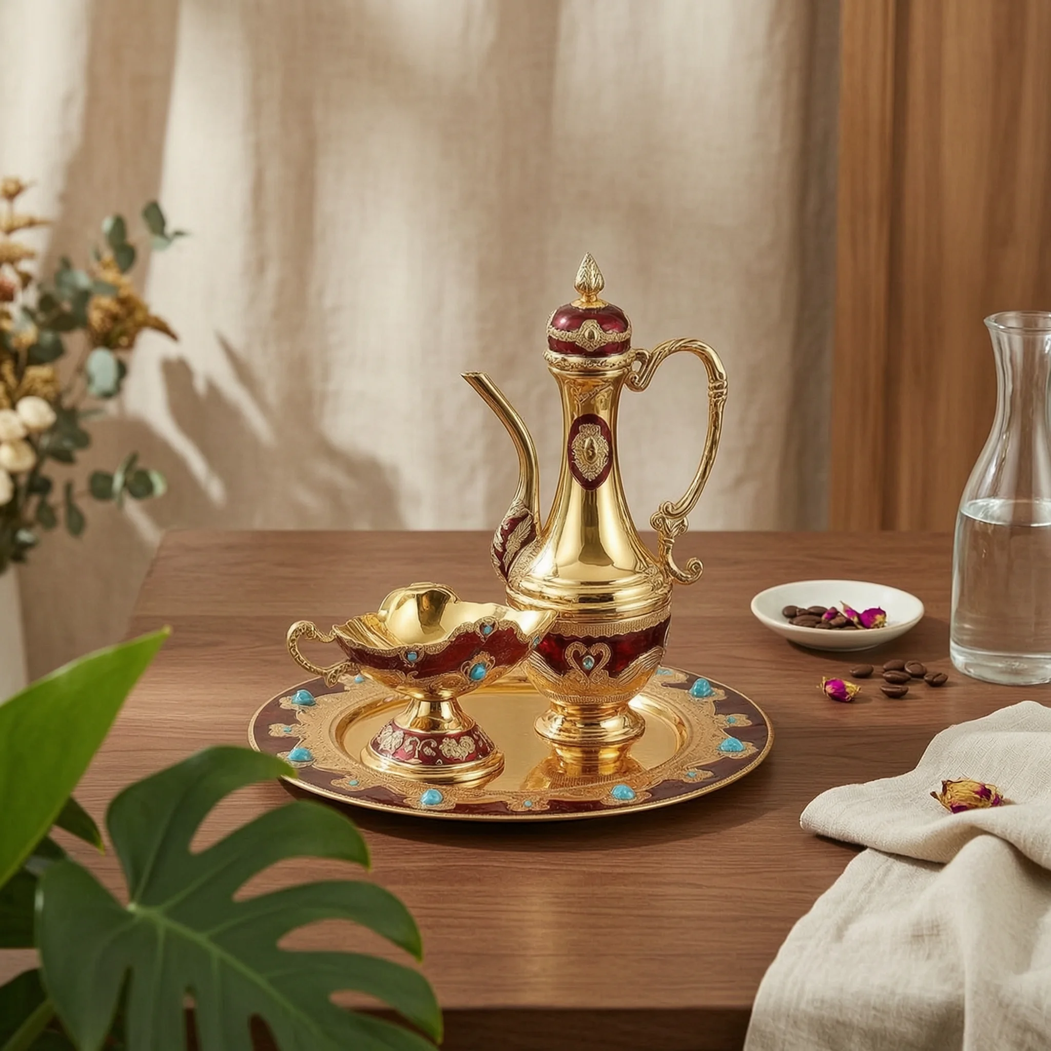 

Drink Serving Set Mirrored Center Ornate Serving Set Tableware Round Metal Tray Glossy Panels Gold-Toned