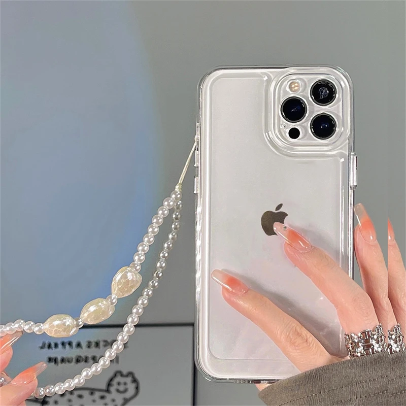 Cute Pearl Love Heart Chain Clear Phone Case For iPhone 14 15 13 12 11 Pro XS Max X XR 7 8 Plus  Jelly Shockproof Soft Cover