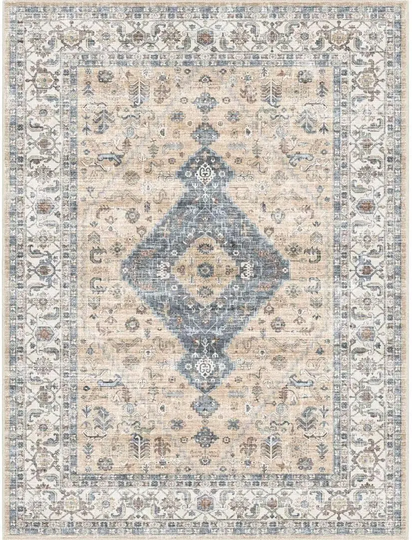 Washable Oriental Area Rug, 9X12 Rugs For Living Room, Waterproof Floral Distressed Area Rug, Indoor Stain Resistant Floor