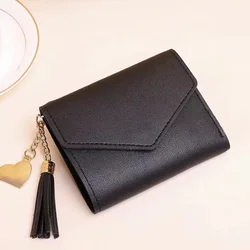 Black Wallet Short Hand-held Trend 2023 New Heart-shaped Pendant Simple Fashion Multi-functional Lychee Pattern Women's Purse