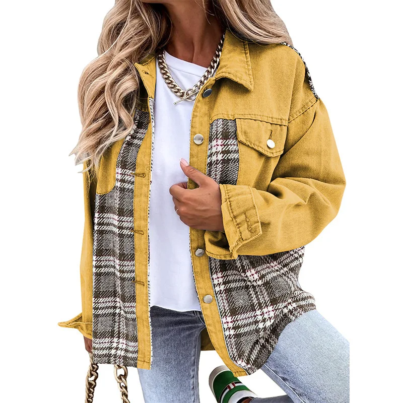 

Women Turn-down Collar Button Coat Spring Autumn Irregular Tops Outwear Mujer Vintage Fashion Plaid Print Patchwork Denim Jacket
