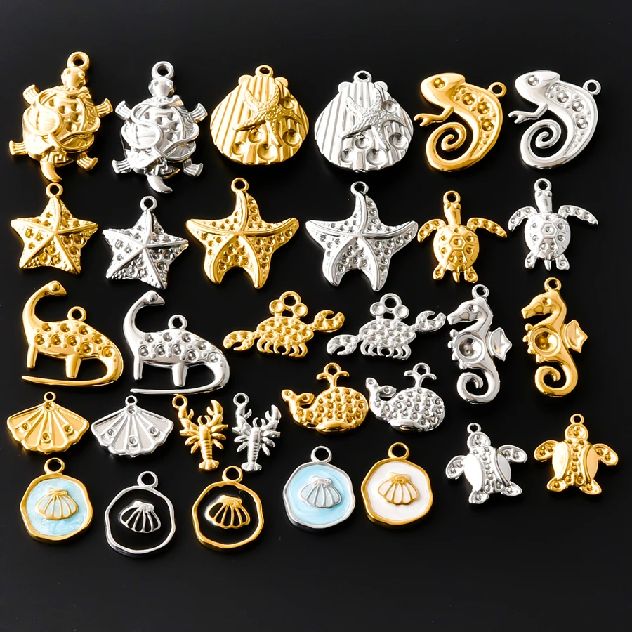 7pcs 18K Gold Plated Stainless Steel Sea Animal Pendants Starfish Turtle Crab Seahorse Shell Lizard Charms For Beach Jewelry DIY