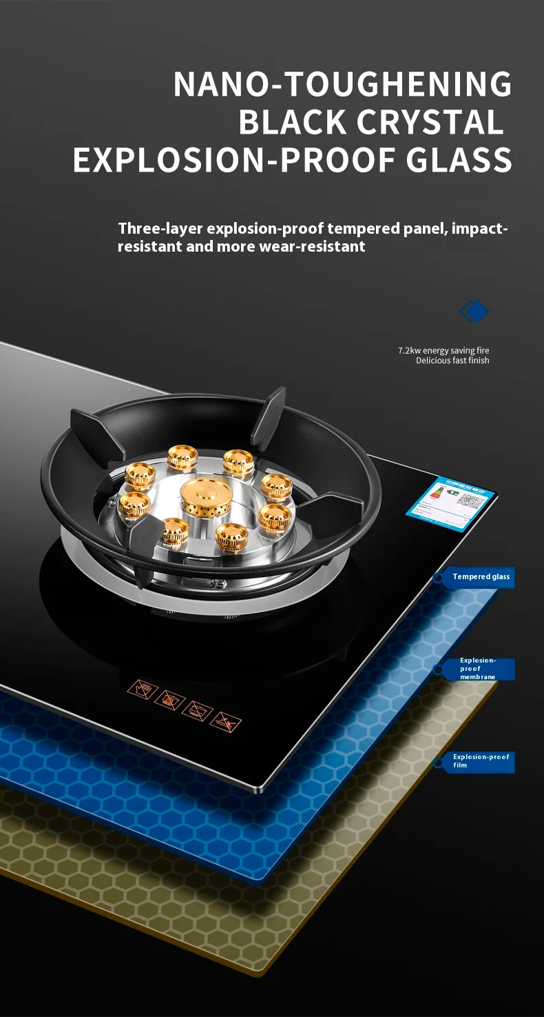 Easy to Clean Auto Ignition Gas Stove 5.2kw 2 Burners Tempered Glass Built-in gas cooker for Indoor Cooking