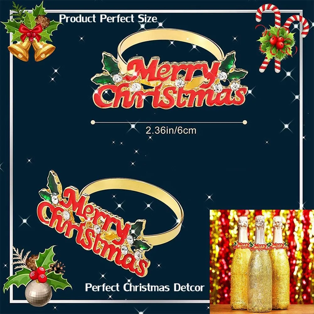 Christmas Napkin Rings Set of 6, Red Merry Christmas Napkin Ring, Napkin Holder for Christmas Party Dinner Table Decor