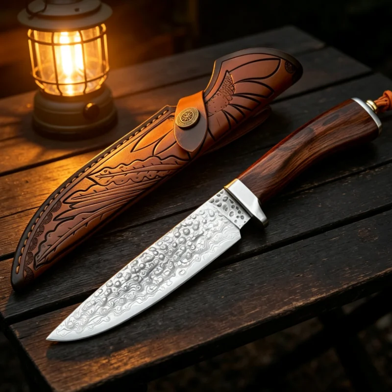 Damascus Pattern Fixed Blade Knife, Stabilized Wood Handle Hand Craft Collectible Tool, Decor Sheath Outdoor Display Gift