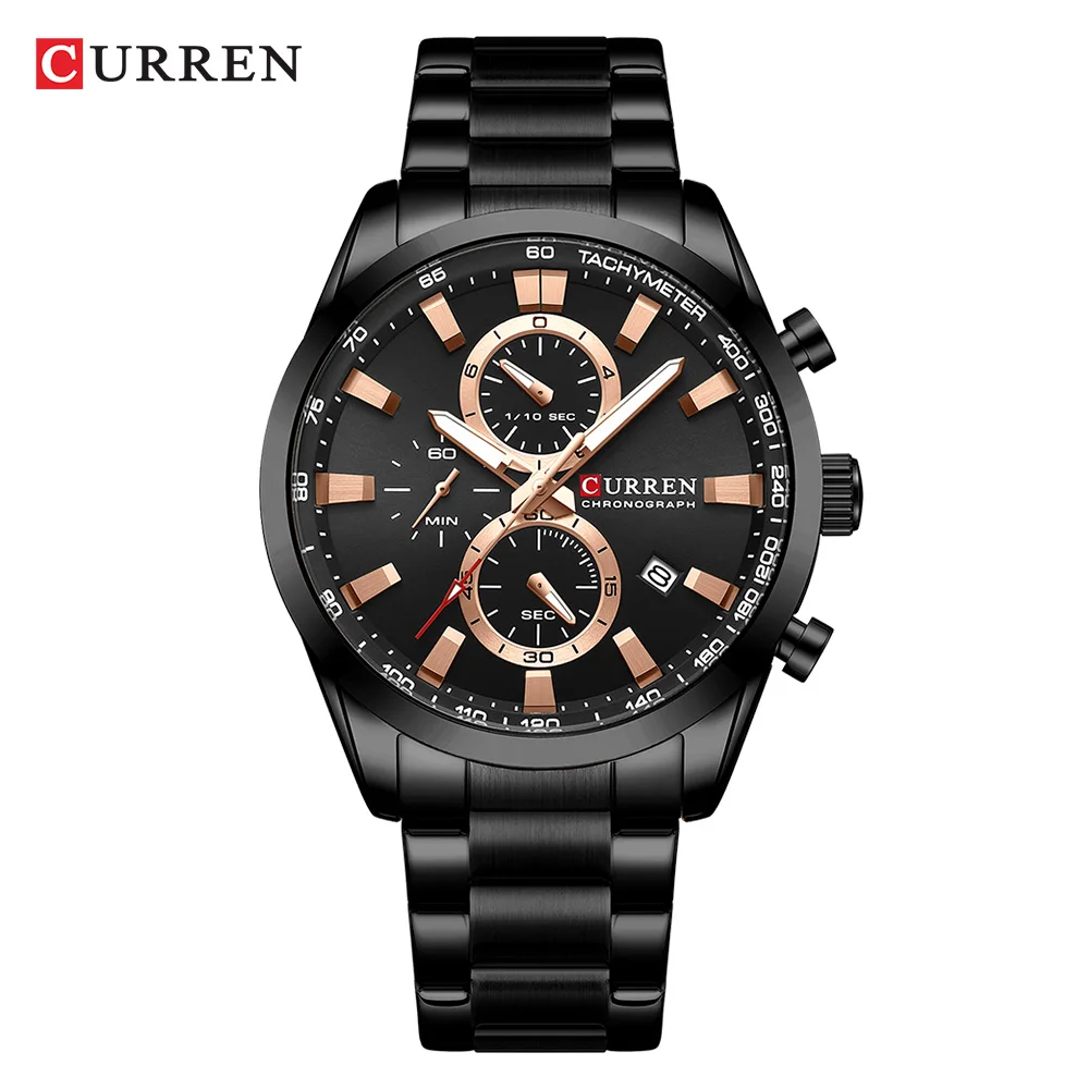 CURREN  New Sports Multifunction Stainless Steel Band Watches Fashion Brand Quartz Men\'s Wristwatches with Date