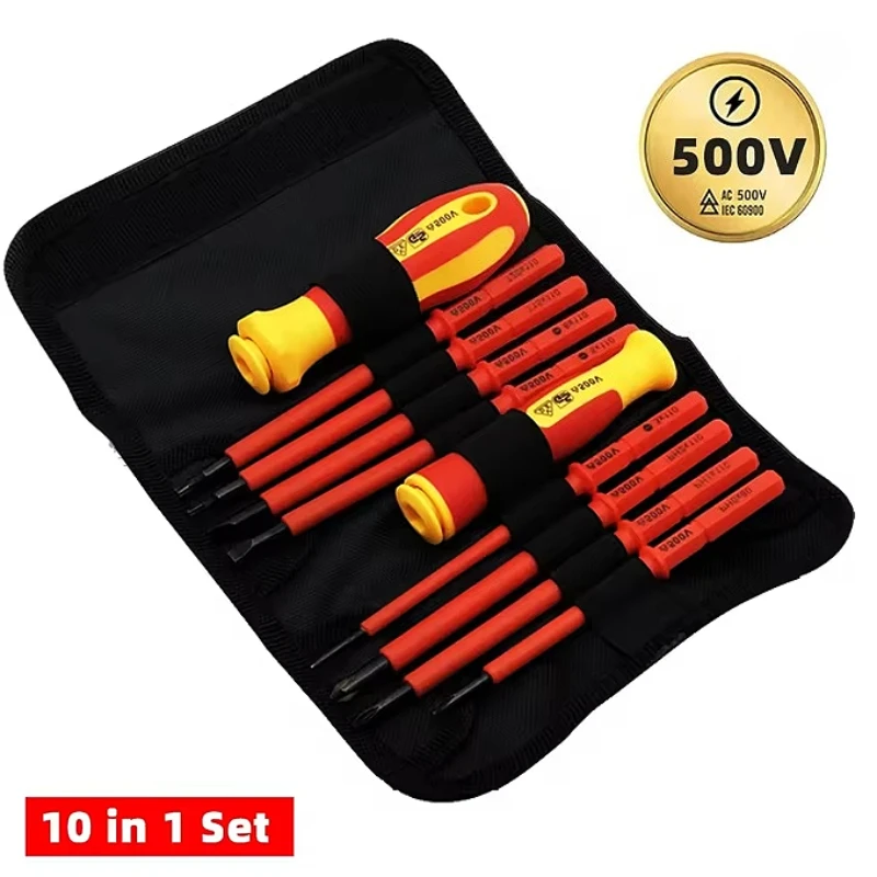 

10Pcs Interchangeable Blade VDE Insulated Screwdriver Set with Case Magnetic 500V Home and Professional Use Electricians Tools