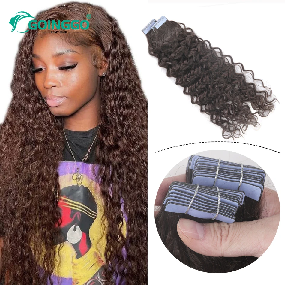 Water Wave Tape In Hair Extensions For Black Women Natural Black Curly Hair Tape In Extensions Human Peruvian 12-26Inch 50g/Set