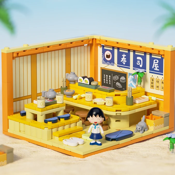 Nuovo Chibi Maruko Impilabile Casa Building Block Scena di strada Burger Shop Sushi House Puzzle Giocattoli Modello Decorazione Regalo di Natale