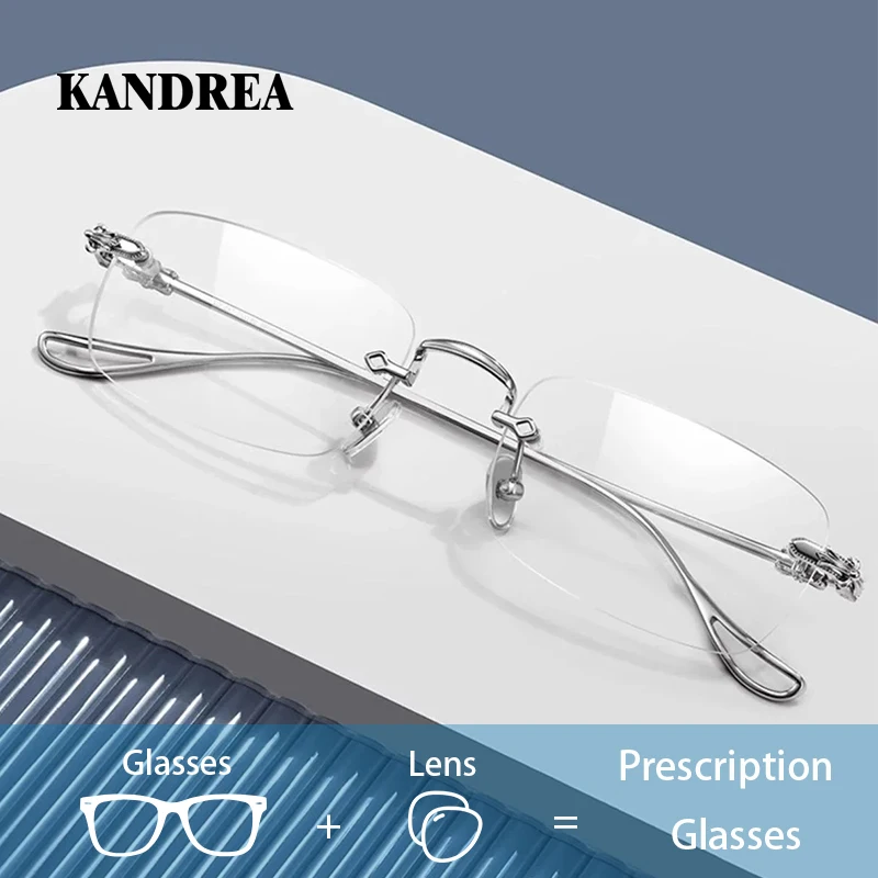kandrea-高級リムレスメガネフレーム女性男性シルバー透明光学処方眼鏡超軽量スクエア眼鏡